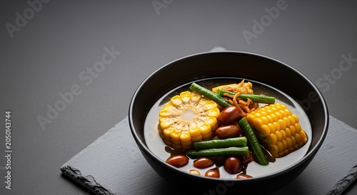 A steaming bowl of bubur candil sweet soup with corn, green beans, and pineapple slices on a table.