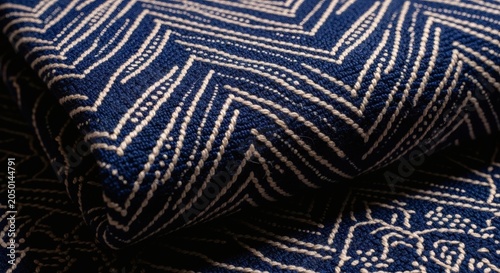 Macro batik parang fabric texture close-up, indigo blue woven thread detail Javanese heritage textile