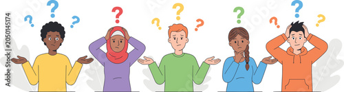 Bild auf Leinwand Group of confused diverse people shrugging shoulders and thinking with question