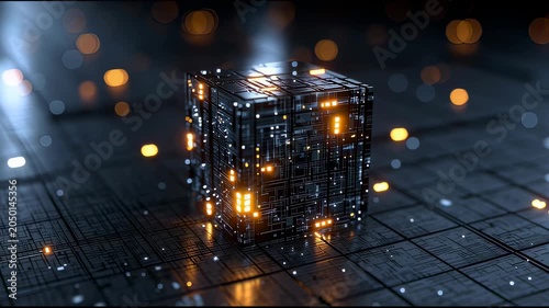 Illuminated electronic cube with glowing circuits resting on dark grid surface