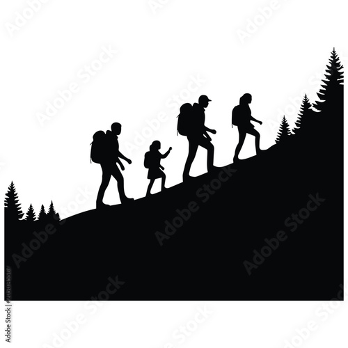 A family group hiking up a forested hill with pine trees vector silhouette illustration.