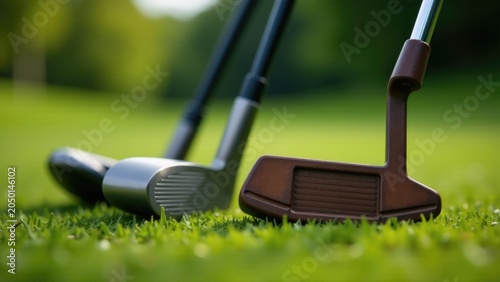 A close-up shot of a golf club and ball ready for a putt, ideal for sports or  themes