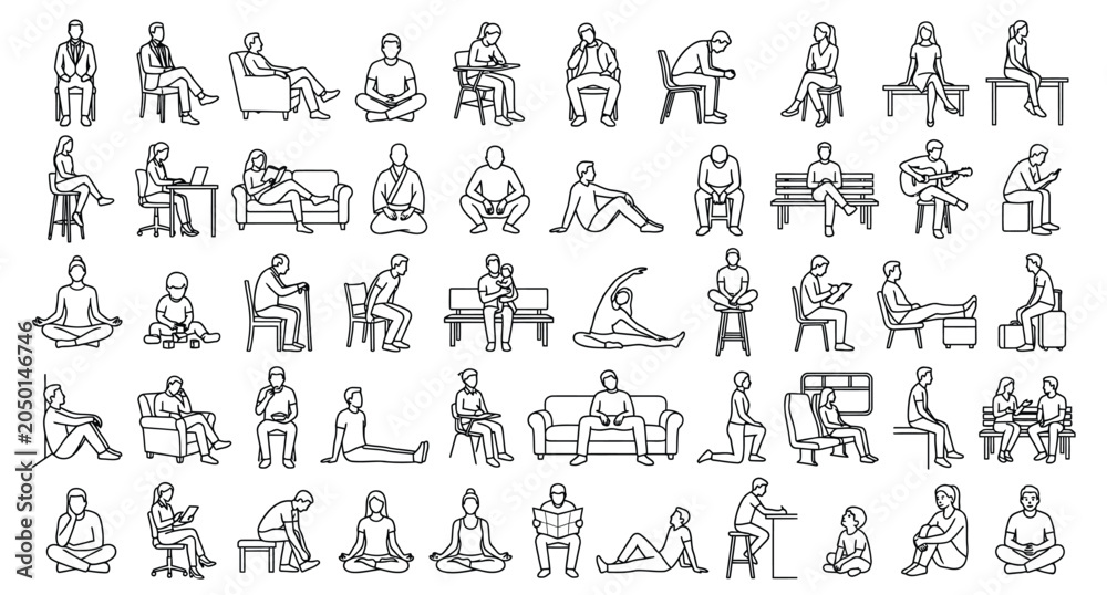 Obraz premium A comprehensive vector asset sheet, based on a clean grid layout, containing a diverse collection of exactly 50 unique, individual human sitting position outline .eps