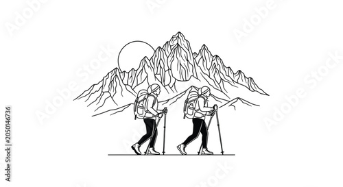Two Hikers Walking With Trekking Poles.