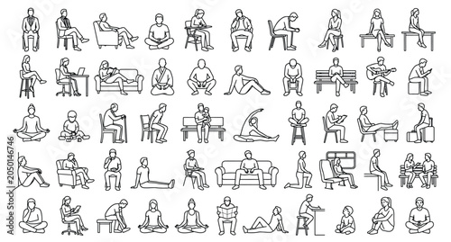 Foto A comprehensive vector asset sheet, based on a clean grid layout, containing a diverse collection of exactly 50 unique, individual human sitting position outline