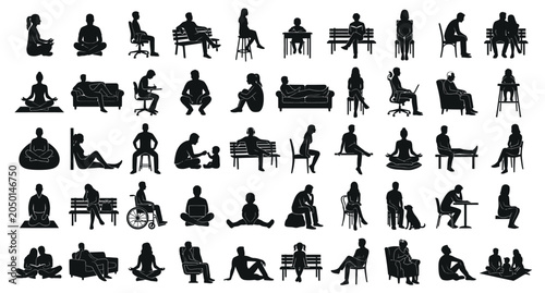 Bild auf Leinwand A comprehensive vector asset sheet, based on a clean grid layout, containing a diverse collection of exactly 50 unique, individual human sitting position silhouettes
