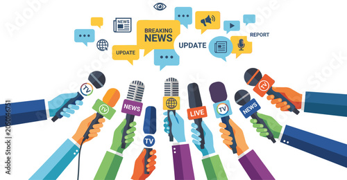 Fotografie Hands holding microphones for breaking news interview report mass media journali