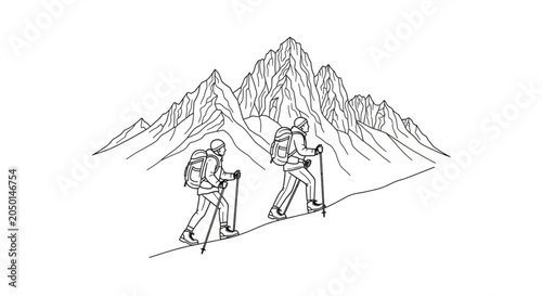 Two Hikers With Trekking Poles Hiking.