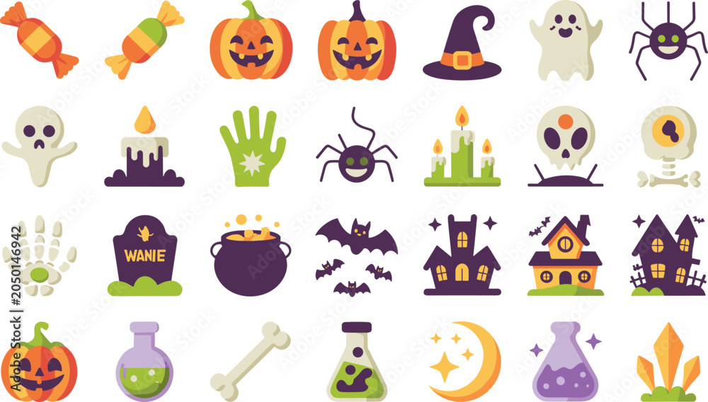 Fototapeta premium Halloween holiday flat vector icons set of traditional spooky elements and symbols isolated