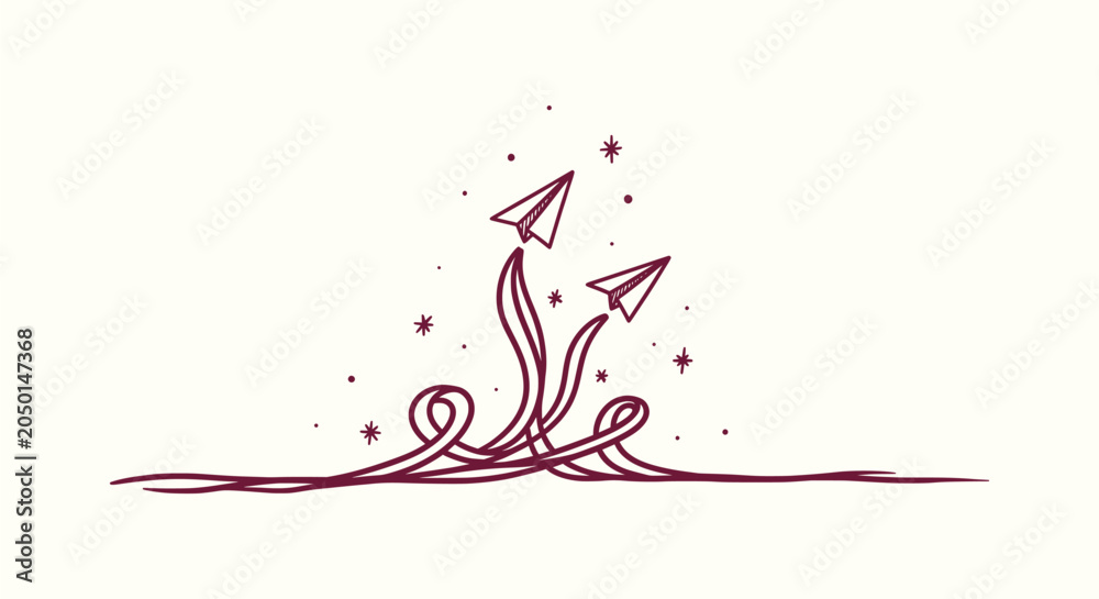 Fototapeta premium Hand Drawn Paper Airplanes Flying with Creative Swirl Trails and Stars Minimalist Line Art Vector