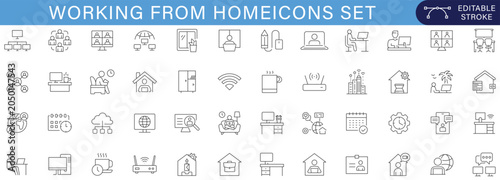 Tableau sur toile Working From Home Line Icons Set Featuring Remote Work, Online Meeting, Virtual