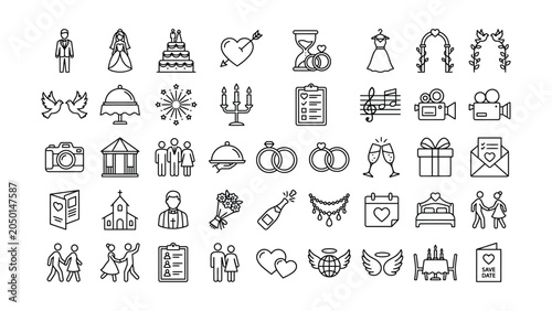 Wedding planning and love icons in line art style on white background