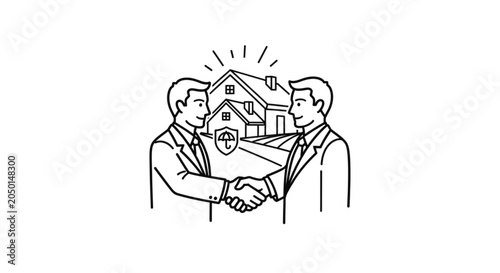 Two men shaking hands on house.