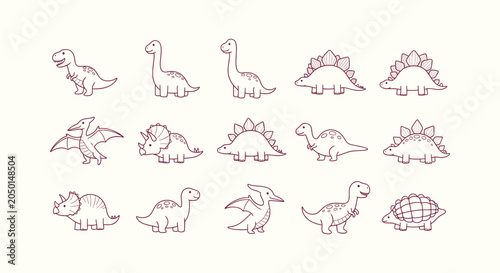 Bild auf Leinwand Cute Hand Drawn Dinosaur Line Art Vector Set Featuring TRex Triceratops Stegosau