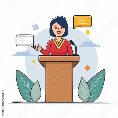 Woman Speaking at Podium with Speech Bubbles