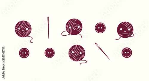 Valokuva Cute Sewing and Knitting Vector Icons with Kawaii Yarn Balls Buttons and Needles