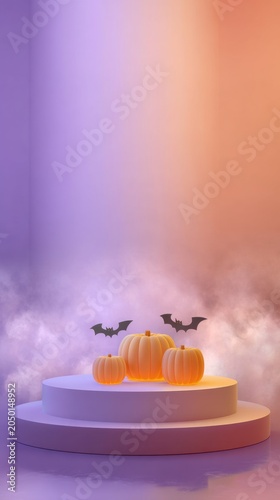 Halloween pumpkin display with bats and fog