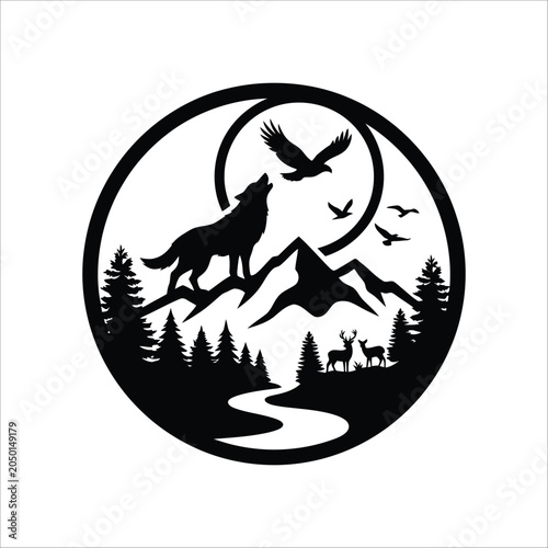 Bild auf Leinwand Wildlife scene silhouette with wolf deer and birds in a mountainous landscape