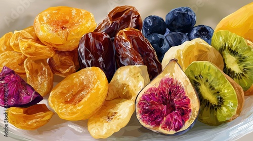 Digital illustration of assorted dried fruits and fresh fig. Colorful healthy snack composition with apricots, dates, kiwi, and blueberries. Painterly food art style
