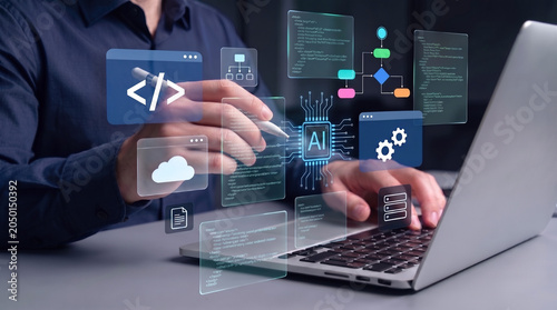 Foto AI powered low code development platform concept with professional using laptop