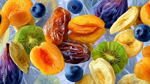 Flat lay digital illustration of scattered dried fruits and berries. Colorful pattern of apricots, dates, kiwi, and blueberries on blue background. Healthy food concept