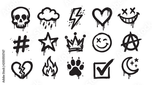 Grunge graffiti style icons bundle with skull smile face fire crown stars and broken heart