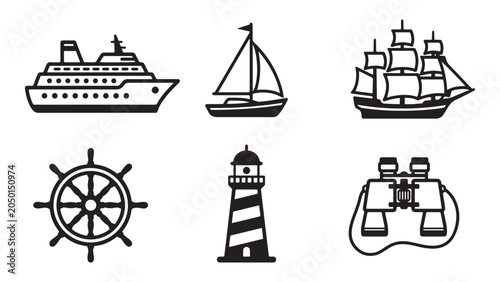 Marine sea travel vector symbols with cruise ship sailboat lighthouse steering wheel and binoculars
