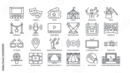 Fotografía Black and white line icons for entertainment and performance on white background