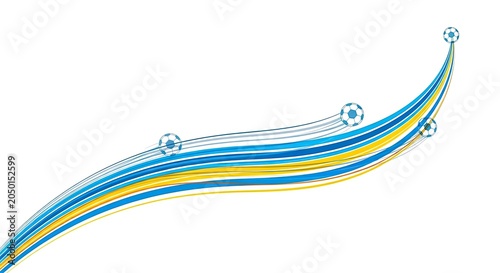 Four Soccer Balls Moving along Blue and Yellow Curved Streaks over White Background