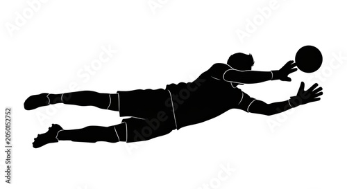 Black Soccer Goalkeeper Silhouette Diving to Save a Ball with Outstretched Arms on White Background