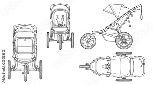 Jogging strollers child transport equipment technical drawing blueprint with front side back and side views CAD line art vector illustration