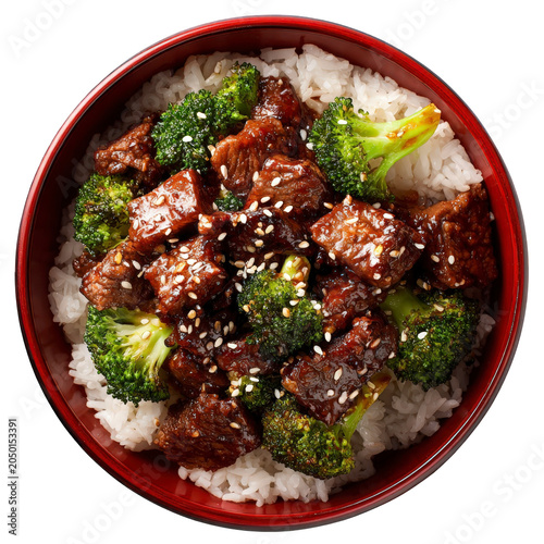 Delicious beef and broccoli stir-fry with rice in bowl