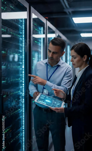 Professional IT Specialists Analyzing Server Hardware Performance and Network Infrastructure in a Modern Secure Data Center