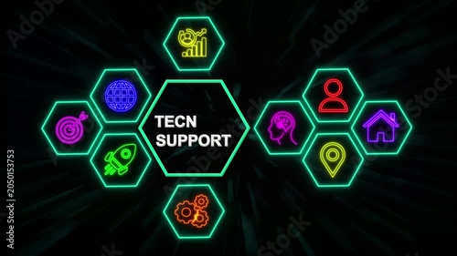 Tecn Support Technology Network Concept with Neon Hexagon Icons, Digital Business Interface Background.4k video
