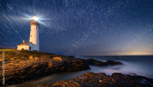 illuminated lighthouse tower under a starry night sky