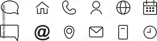 Contact icon set. Home, phone, user, globe, email, calendar and location symbols. Clean communication vector illustration for web, mobile and business interfaces