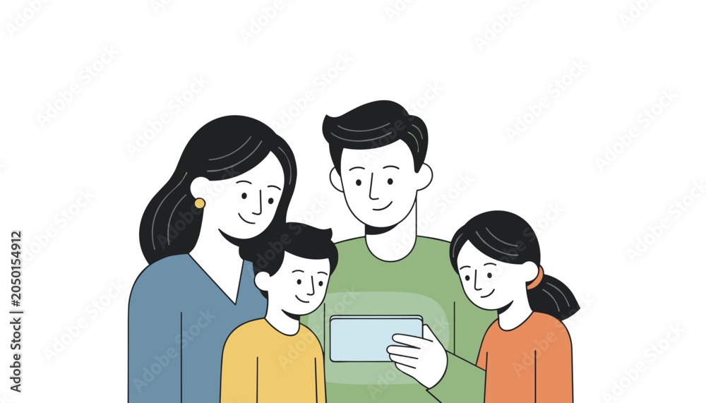 Obraz premium Happy family of four including parents and two children bond while looking at a smartphone screen together at home.