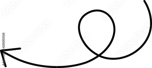 Black curly arrow hand drawn shape pointing left. Decorative directional pointer for navigation, guidance, wayfinding and symbol on transparent background Hand drawn black curved arrow pointing