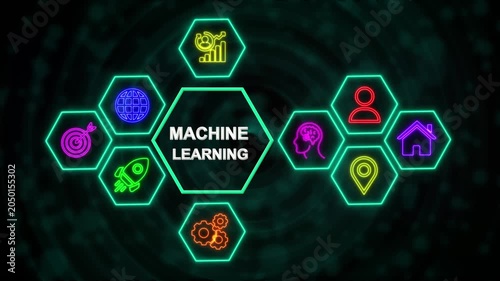 Machine Learning Technology Network Concept with Neon Hexagon Icons, Digital Business Interface Background.4k video