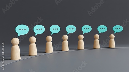 People standing in a line having conversations with speech bubbles above their heads on a gray surface