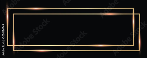 Shiny minimalistic golden frame on black background. Luxury gold border for invitation cards of wedding. Vector illustration