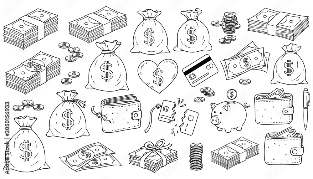 Fototapeta premium Hand Drawn Money And Finance Set With Wallets Credit Cards And Piggy Banks