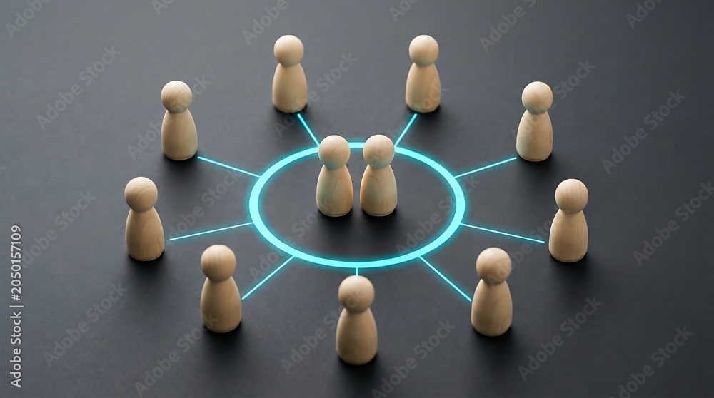 Obraz premium A group of people figurines standing around a glowing circle on a dark surface