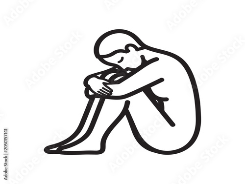 Man in Deep Thought Sitting on Floor Line Art Vector Illustration