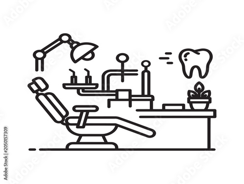 Dentist Examining Patient Teeth in Clinic Vector Line Art Illustration