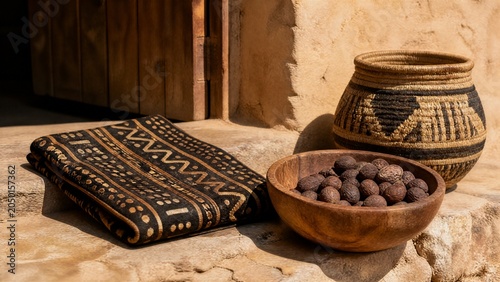 shea. Mud cloth fabric with shea nuts and woven basket, West African craft and natural decor. event programs, museum guides, designed for cultural heritage projects and event programs.