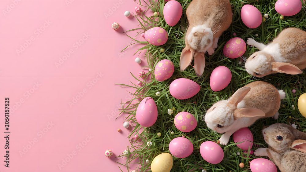 Obraz premium Easter Bunnies and Pink Eggs on Grass with Pink Background