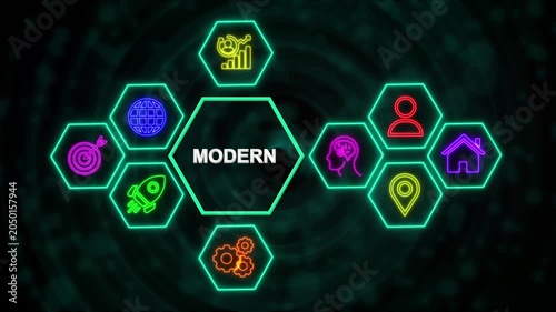 Modern Technology Network Concept with Neon Hexagon Icons, Digital Business Interface Background.4k video