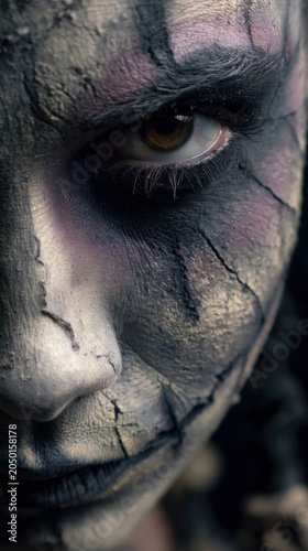 Close-up cracked face makeup horror art