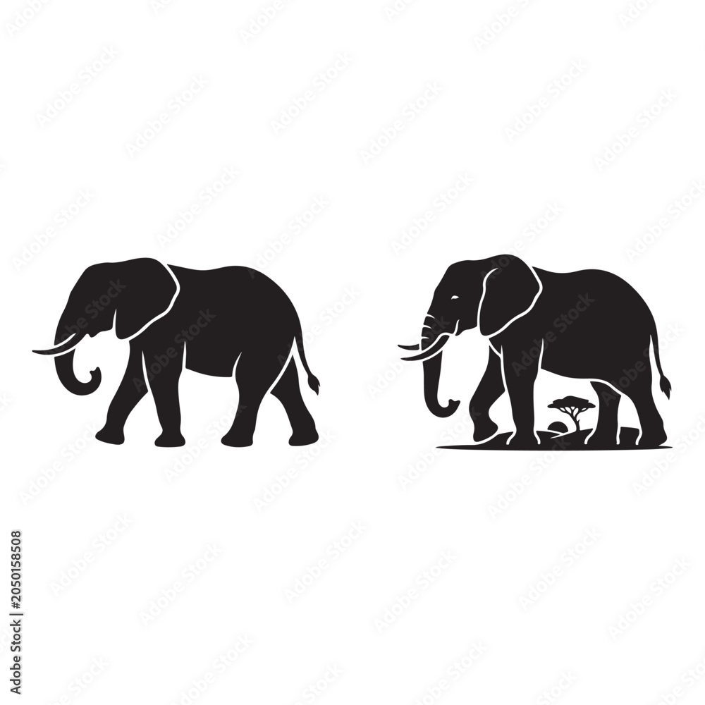 Fototapeta premium Black silhouette of elephant and elephant with tree wildlife icons